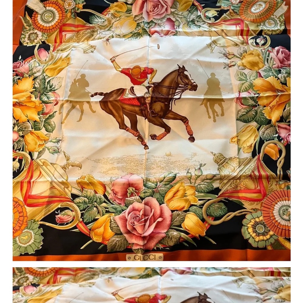 Gucci Equestrian Themed Silk Scarf with Floral Design